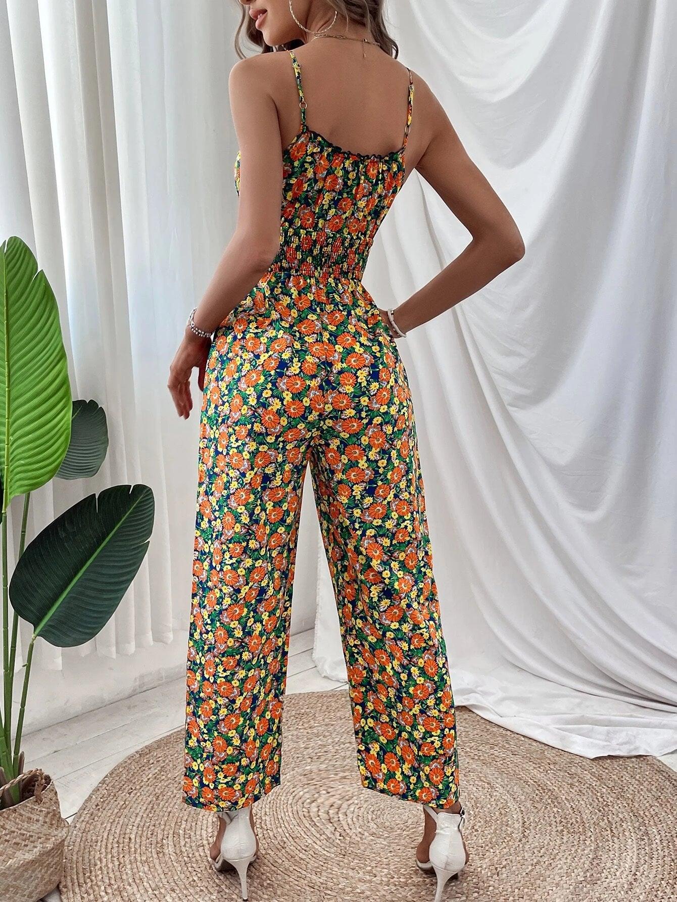 Allover Floral Print Tie Front Cami Jumpsuit-Comfy Jumpsuits