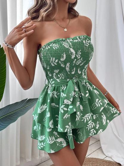 Plants Printed Belted Tube Romper-Comfy Jumpsuits