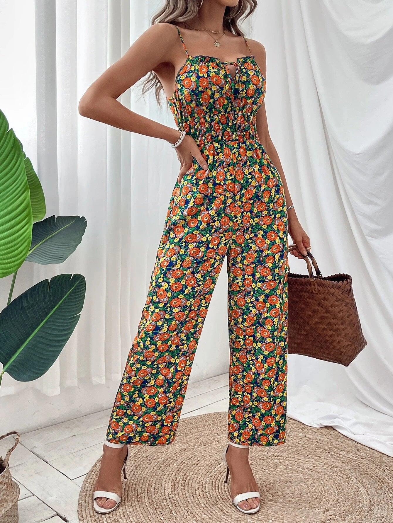 Allover Floral Print Tie Front Cami Jumpsuit-Comfy Jumpsuits