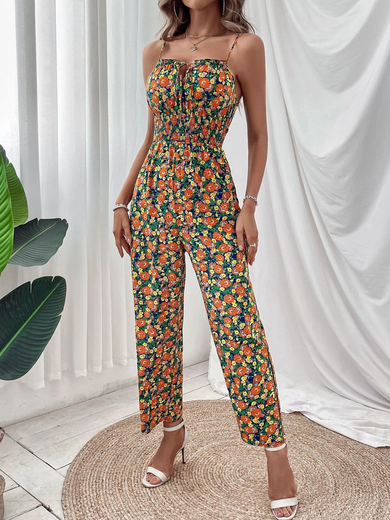 Allover Floral Print Tie Front Cami Jumpsuit-Comfy Jumpsuits