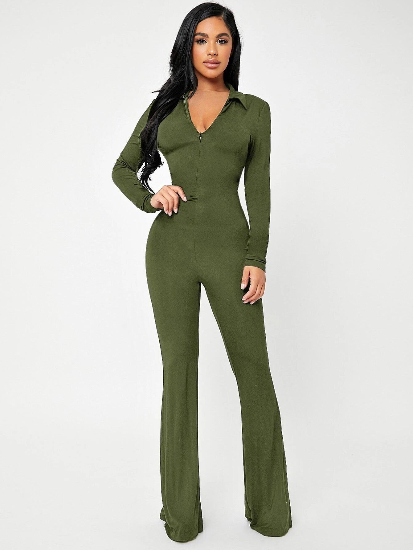 Solid Zip Up V-neck Jumpsuit-Comfy Jumpsuits