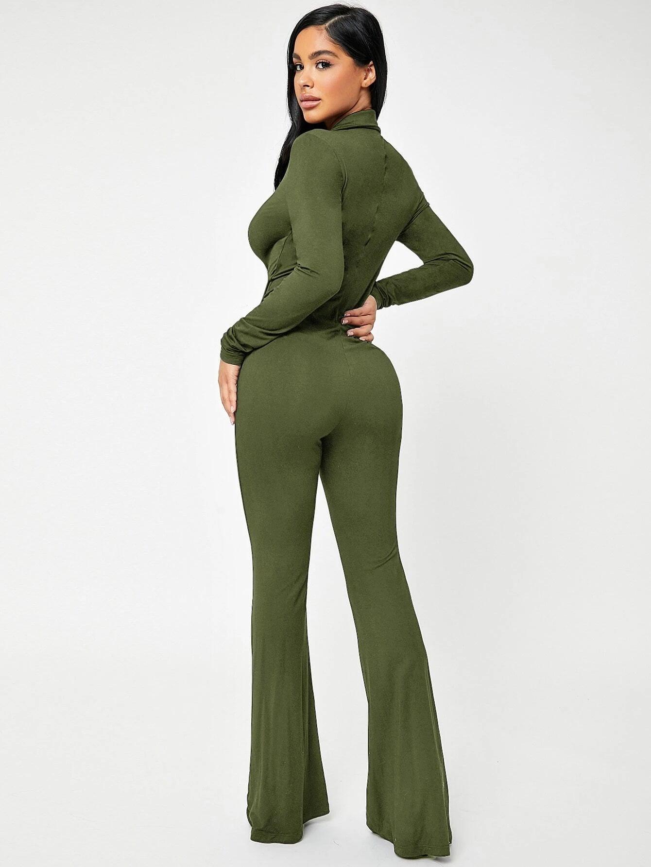 Solid Zip Up V-neck Jumpsuit-Comfy Jumpsuits