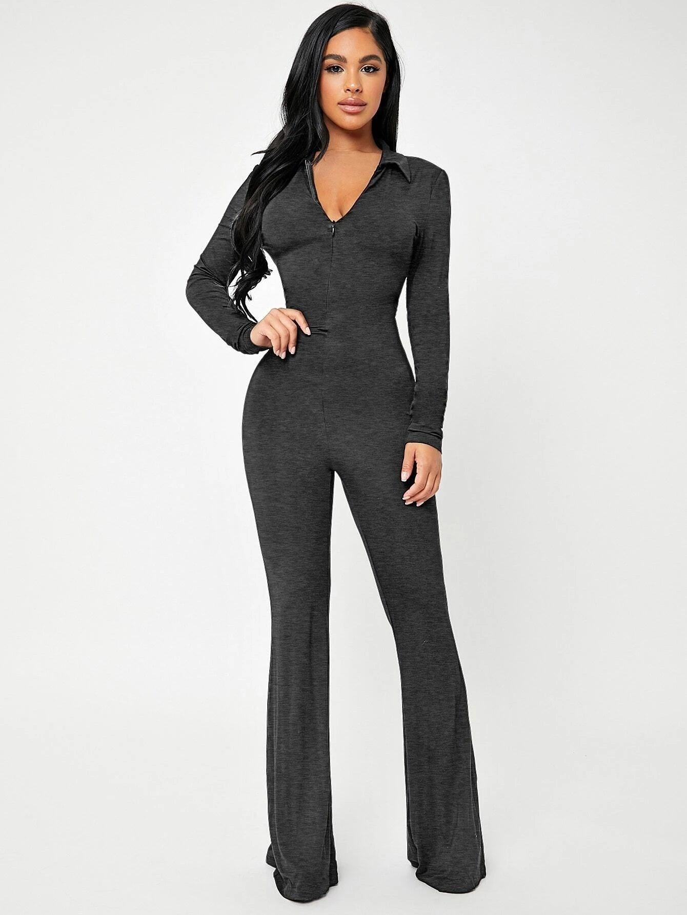 Solid Zip Up V-neck Jumpsuit-Comfy Jumpsuits