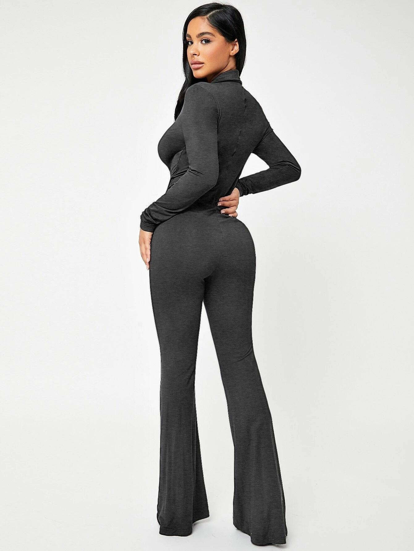 Solid Zip Up V-neck Jumpsuit-Comfy Jumpsuits