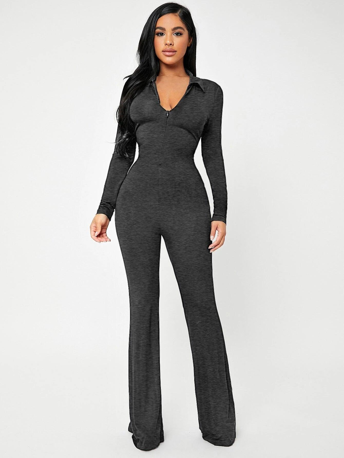 Solid Zip Up V-neck Jumpsuit-Comfy Jumpsuits