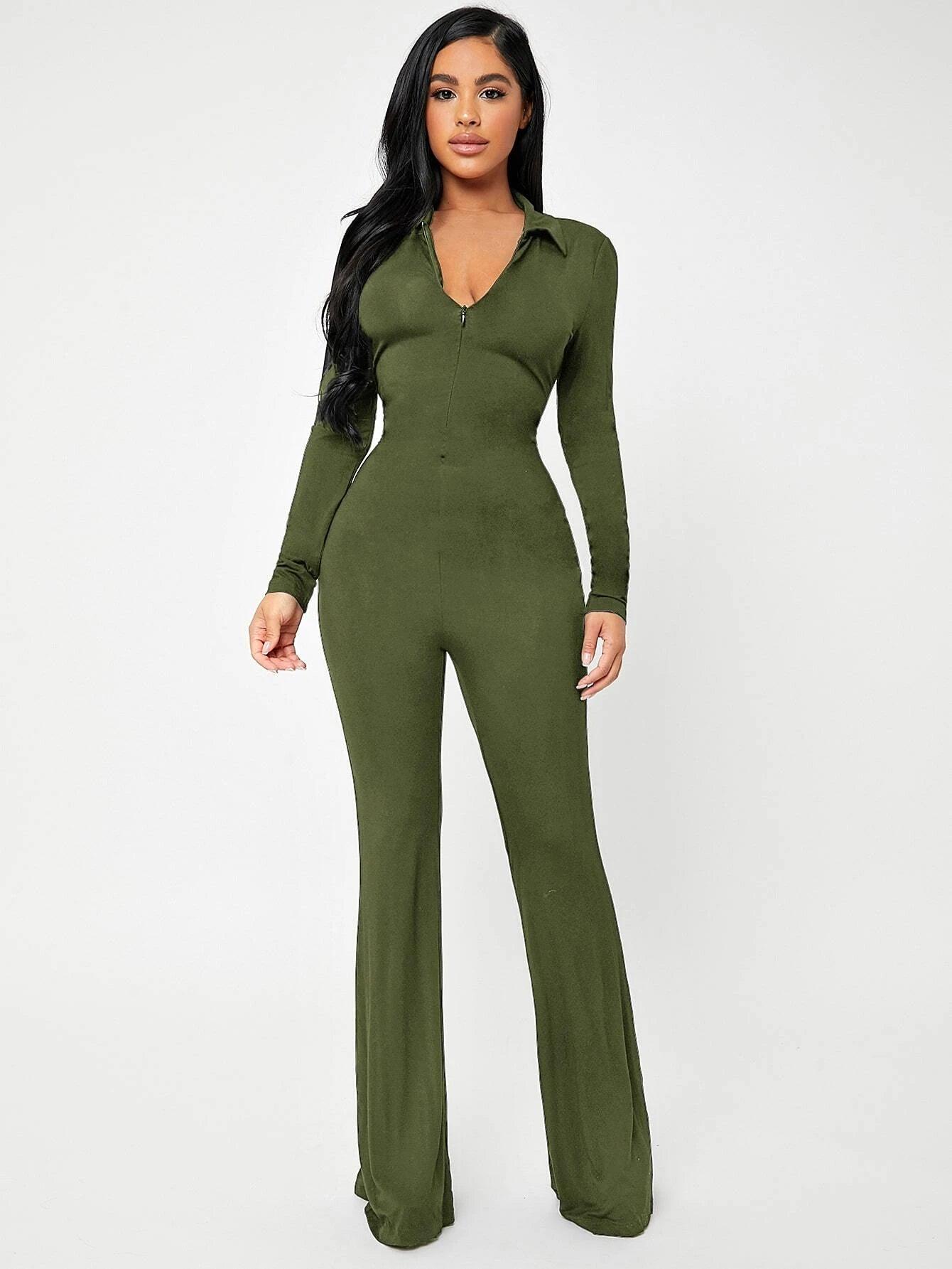 Solid Zip Up V-neck Jumpsuit-Comfy Jumpsuits