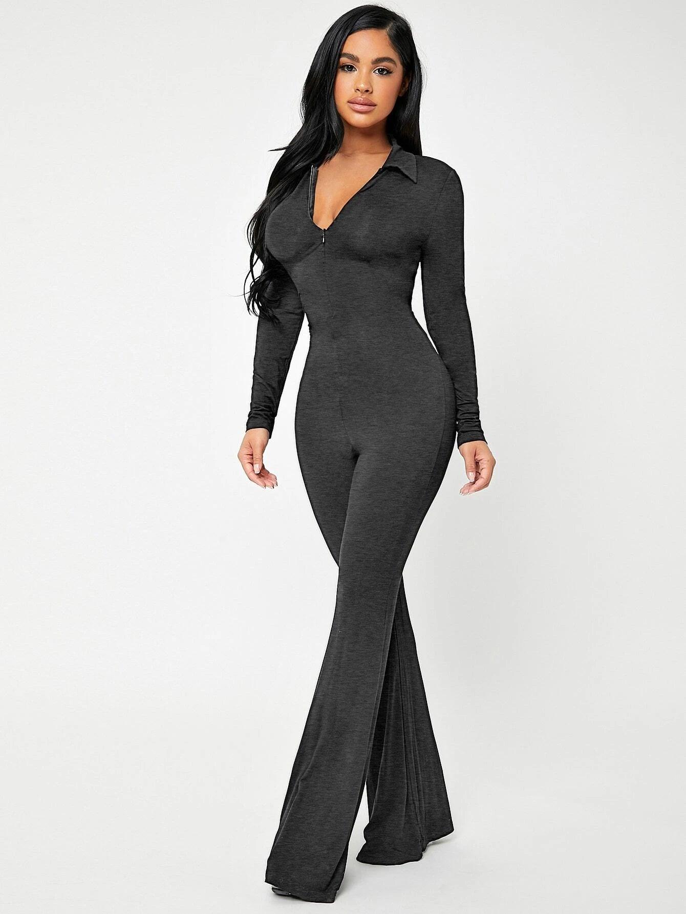 Solid Zip Up V-neck Jumpsuit-Comfy Jumpsuits