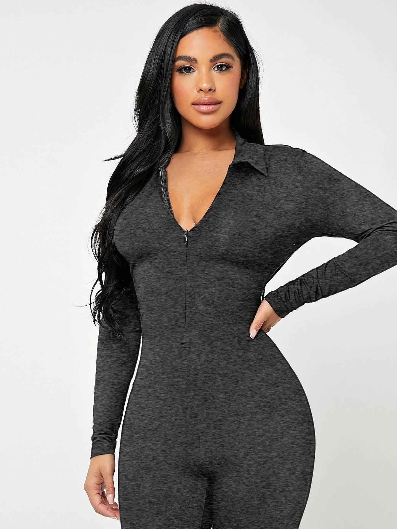 Solid Zip Up V-neck Jumpsuit-Comfy Jumpsuits