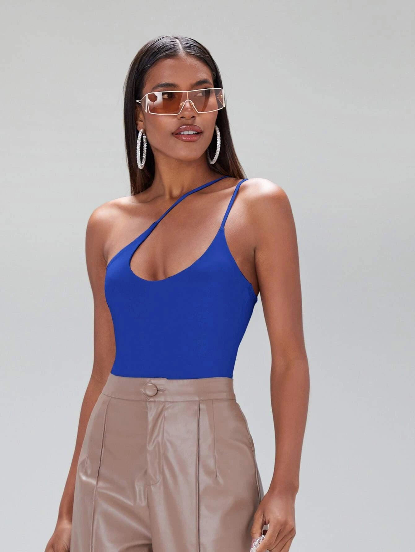 Solid Coloured One Shoulder Bodysuit-Comfy Jumpsuits