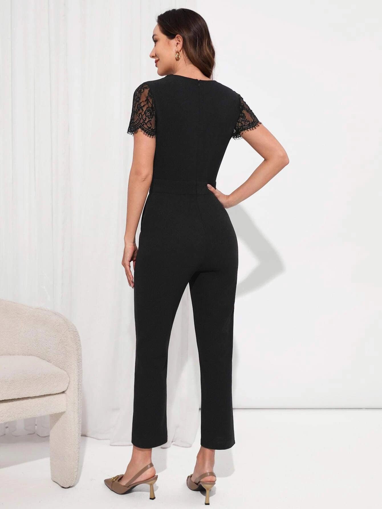 Contrast Lace Sleeve Overlap Collar Jumpsuit-Comfy Jumpsuits