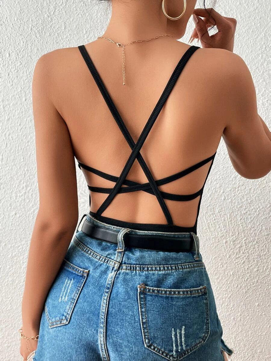 Crisscross Backless Cami Bodysuit-Comfy Jumpsuits
