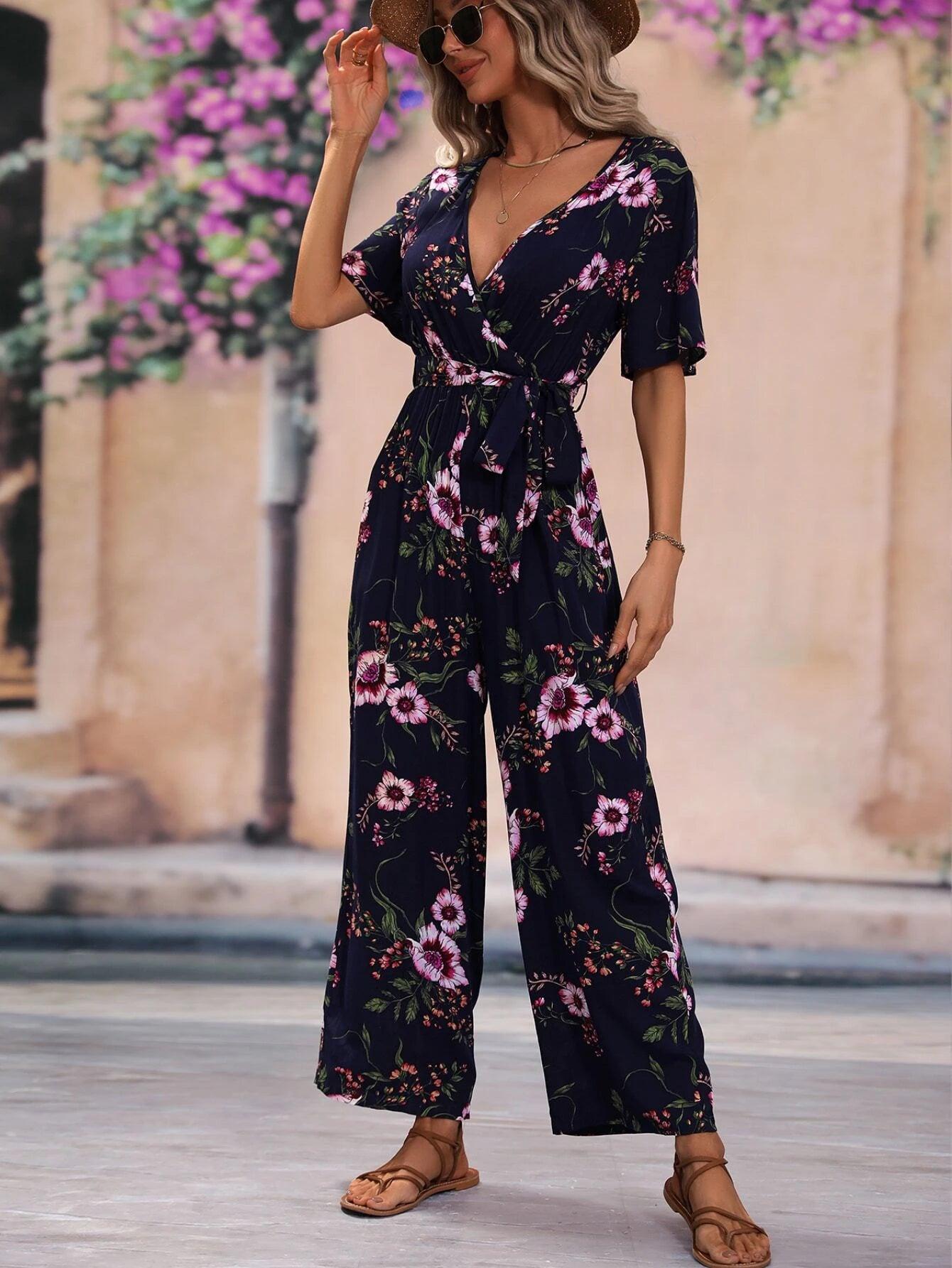 Floral Pattern Belted Jumpsuit-Comfy Jumpsuits