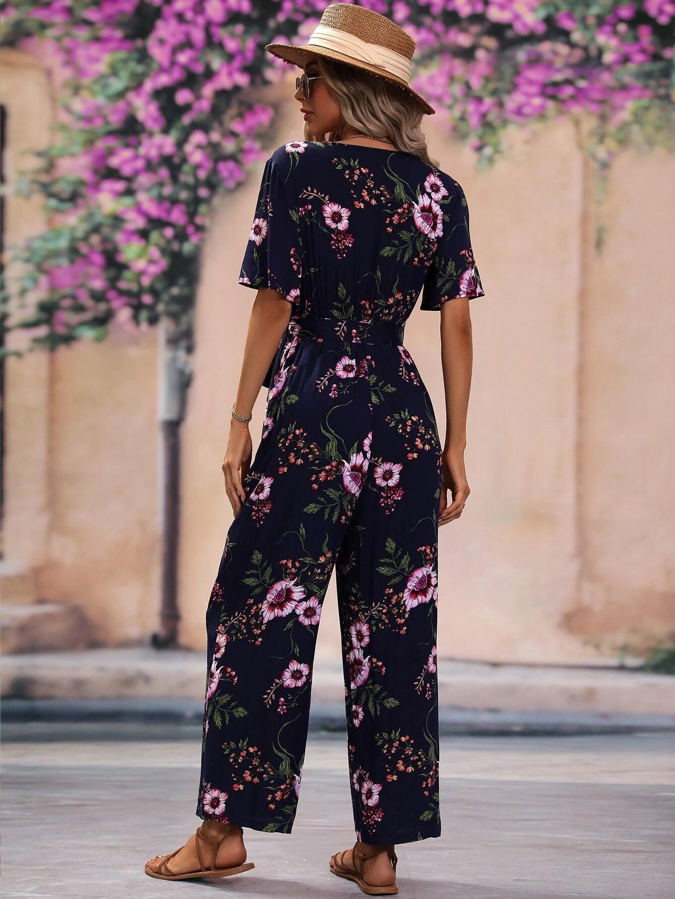 Floral Pattern Belted Jumpsuit-Comfy Jumpsuits