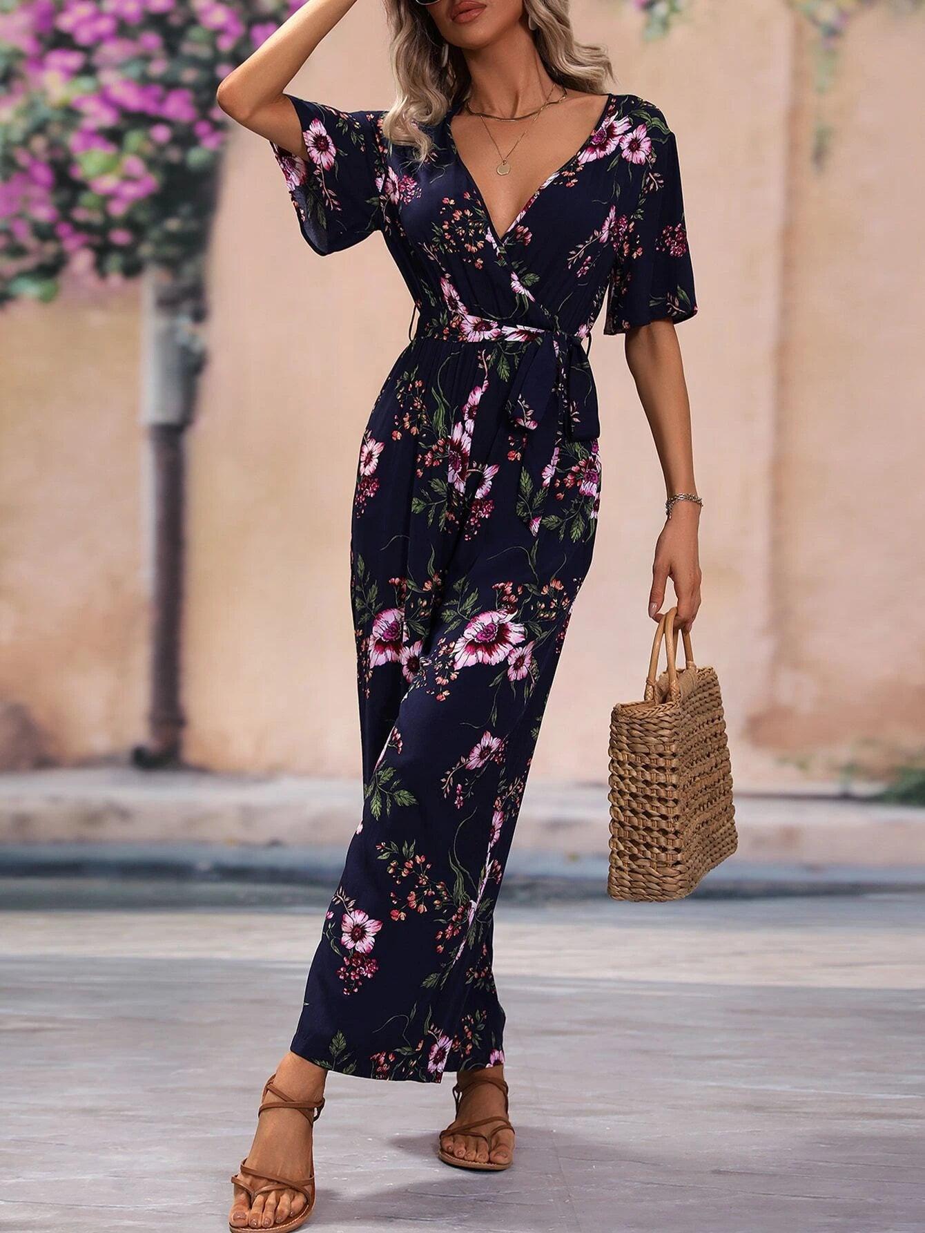 Floral Pattern Belted Jumpsuit-Comfy Jumpsuits