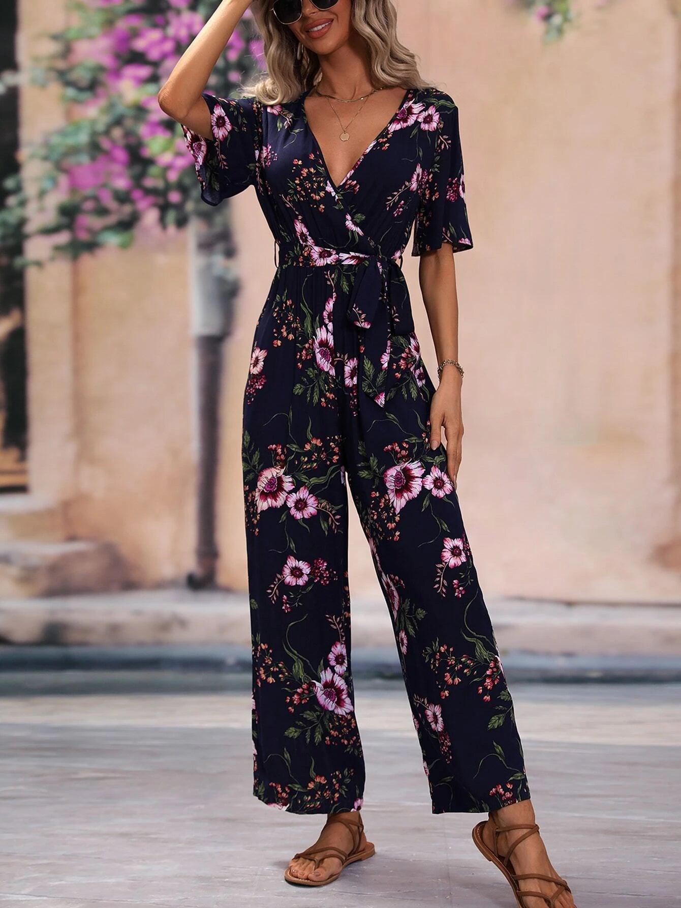 Floral Pattern Belted Jumpsuit-Comfy Jumpsuits