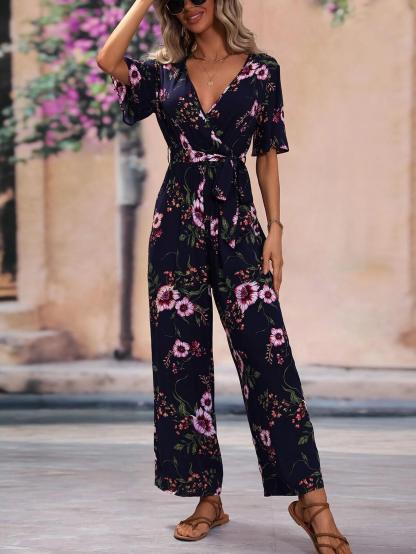 Floral Pattern Belted Jumpsuit-Comfy Jumpsuits