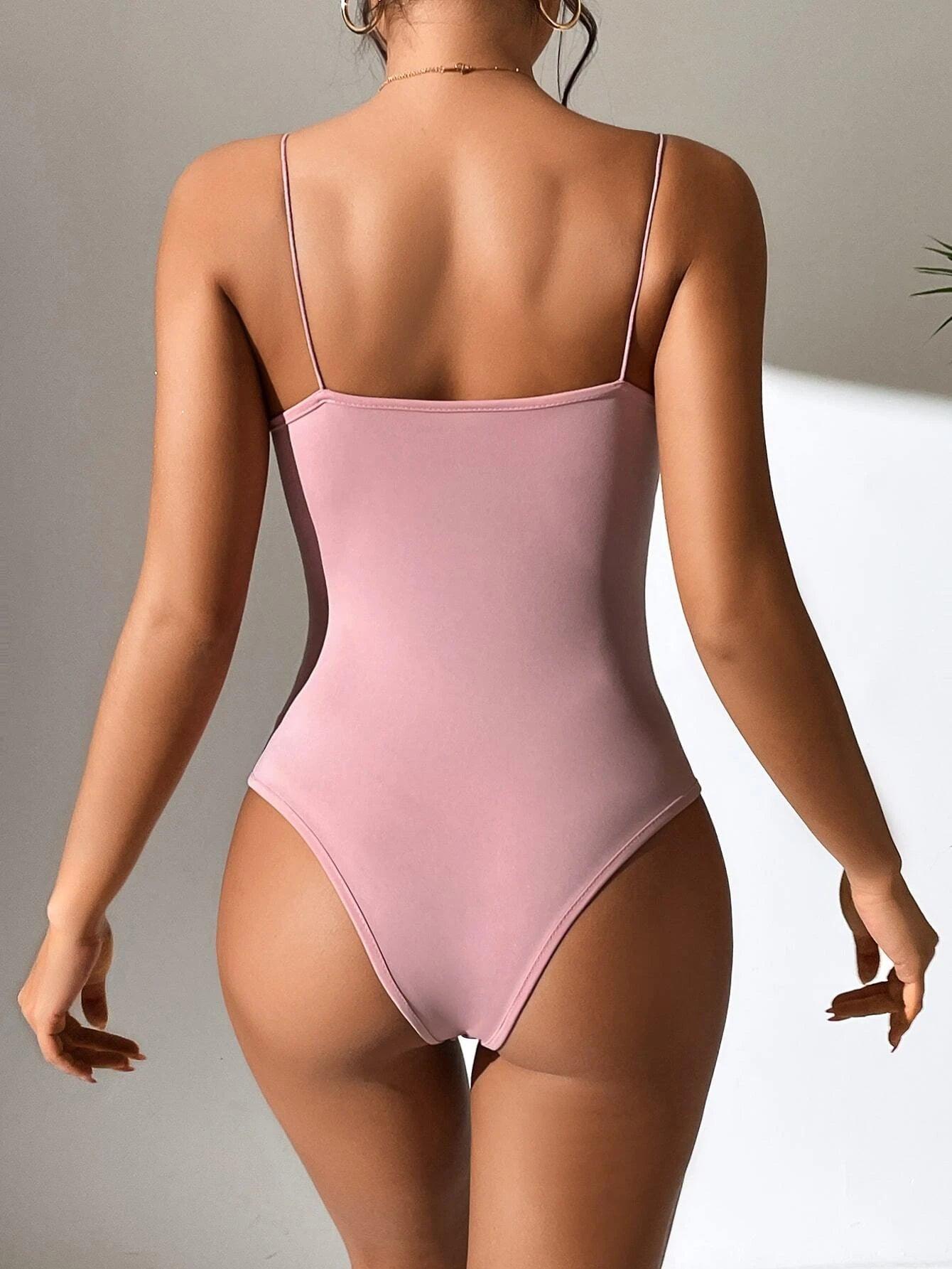 Solid Plunging Neck Cami Bodysuit-Comfy Jumpsuits