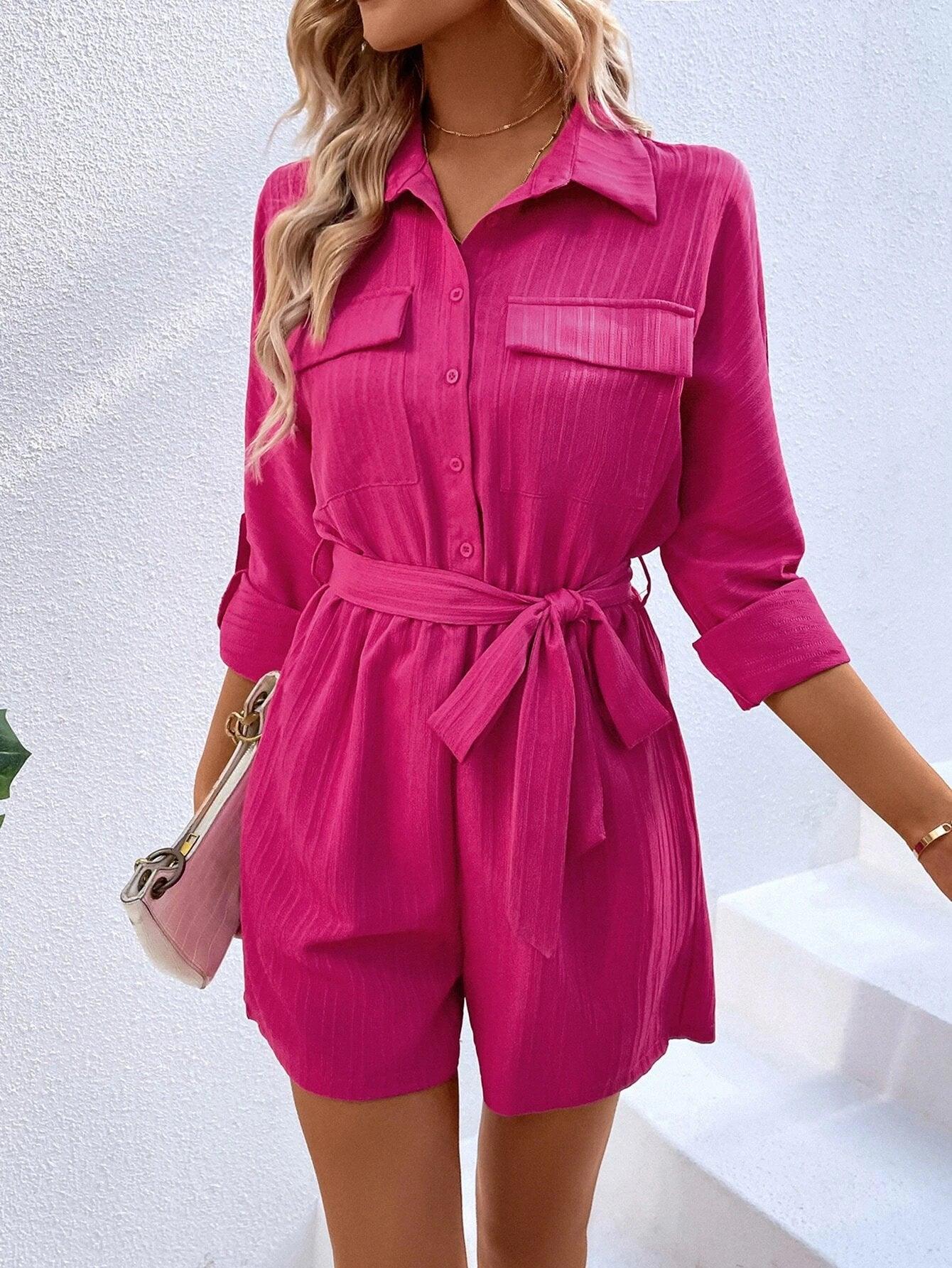 Flap Detail Belted Shirt Romper-Comfy Jumpsuits