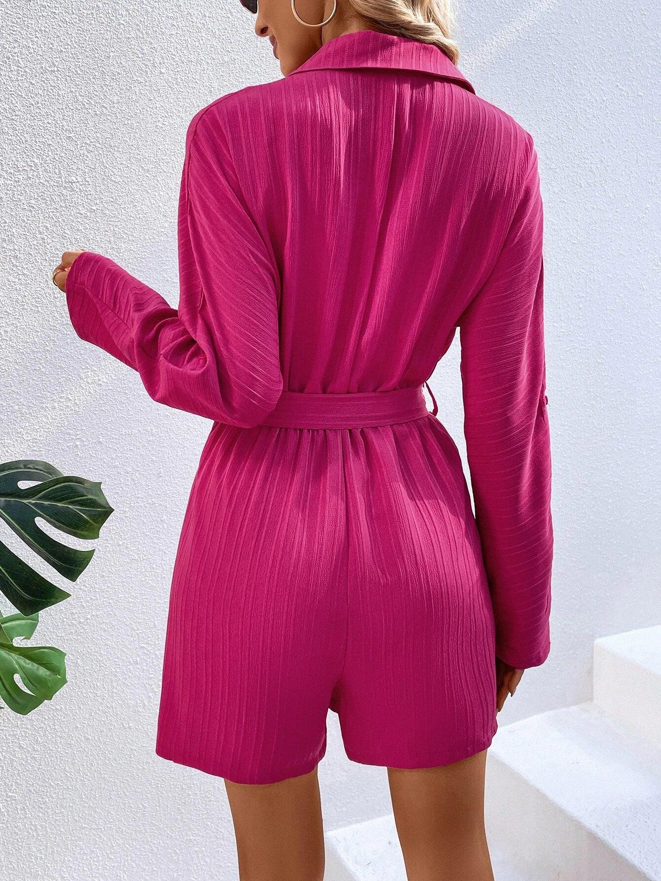 Flap Detail Belted Shirt Romper-Comfy Jumpsuits
