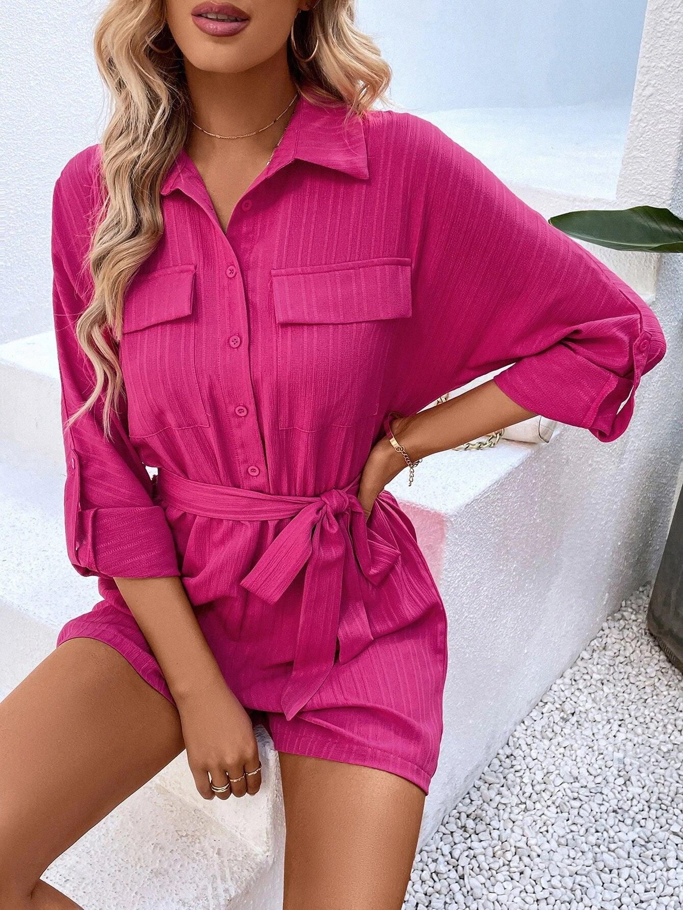Flap Detail Belted Shirt Romper-Comfy Jumpsuits