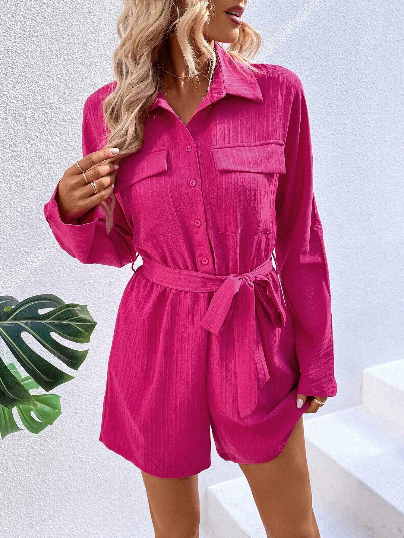 Flap Detail Belted Shirt Romper-Comfy Jumpsuits
