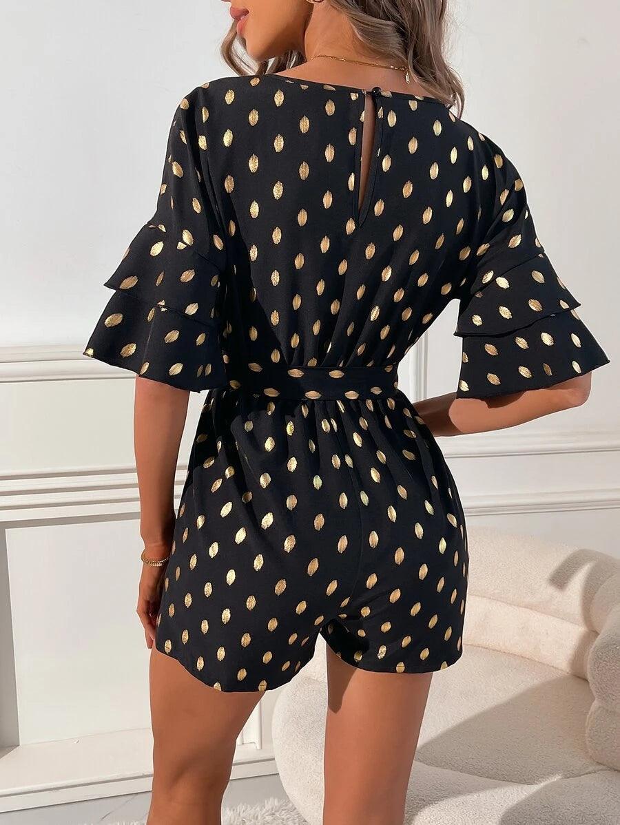 Polka Dot Belted Romper-Comfy Jumpsuits