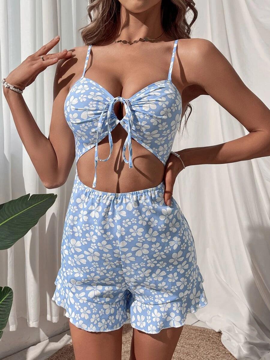 Floral Print Front Ruffle Hem Cami Romper-Comfy Jumpsuits