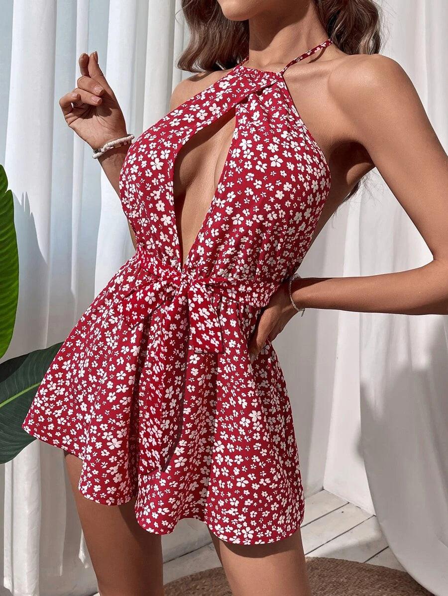 Floral Print Backless Halter Romper-Comfy Jumpsuits