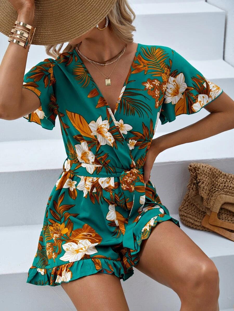 Floral Print Butterfly Sleeve Romper-Comfy Jumpsuits