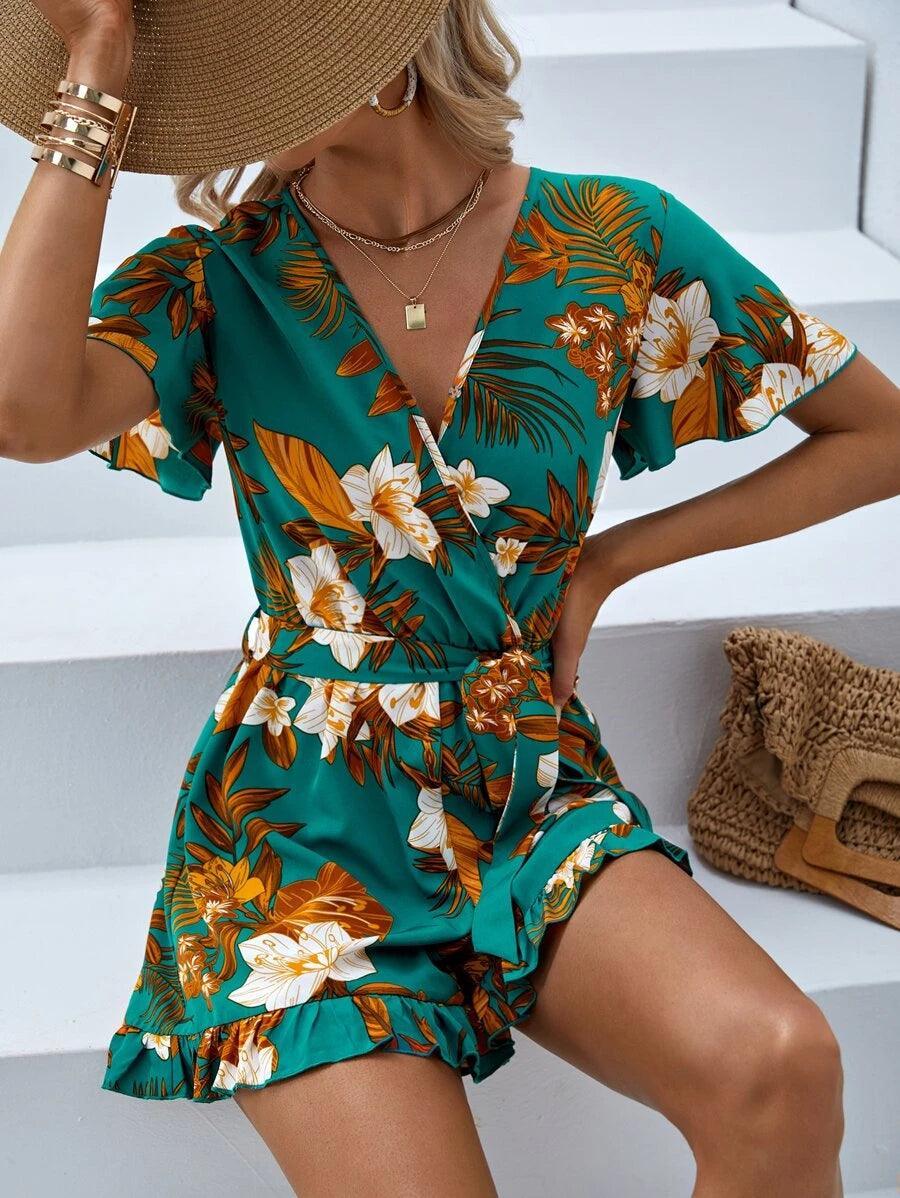 Floral Print Butterfly Sleeve Romper-Comfy Jumpsuits