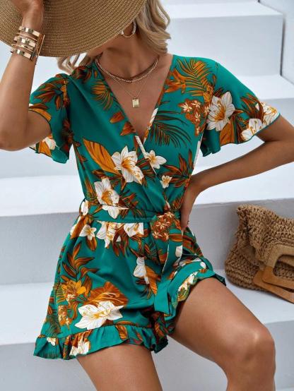 Floral Print Butterfly Sleeve Romper-Comfy Jumpsuits