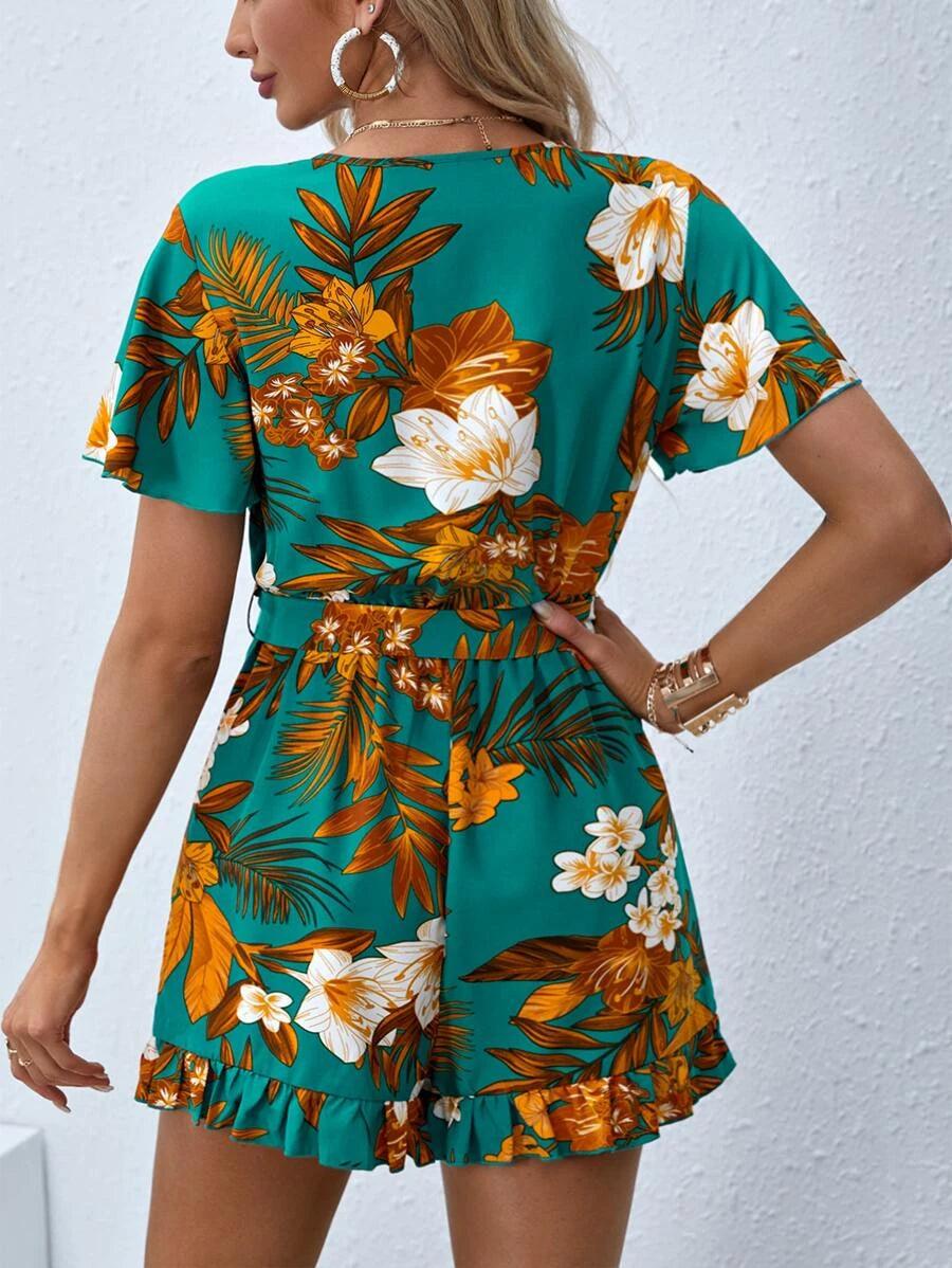 Floral Print Butterfly Sleeve Romper-Comfy Jumpsuits