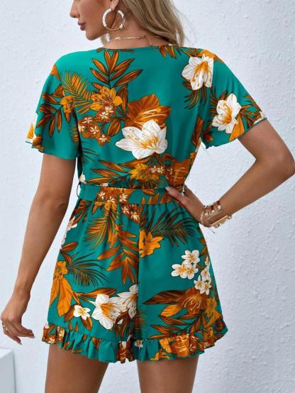 Floral Print Butterfly Sleeve Romper-Comfy Jumpsuits