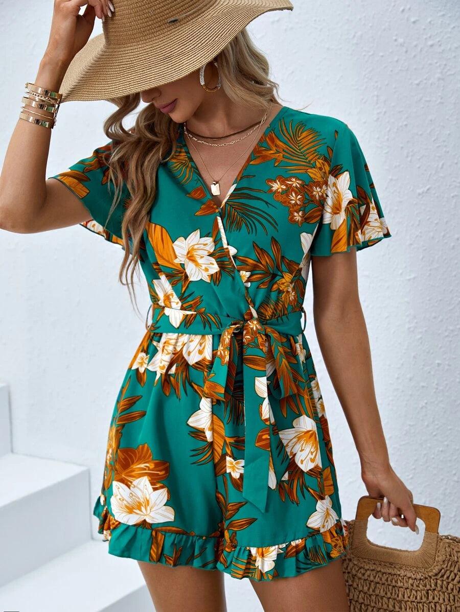 Floral Print Butterfly Sleeve Romper-Comfy Jumpsuits