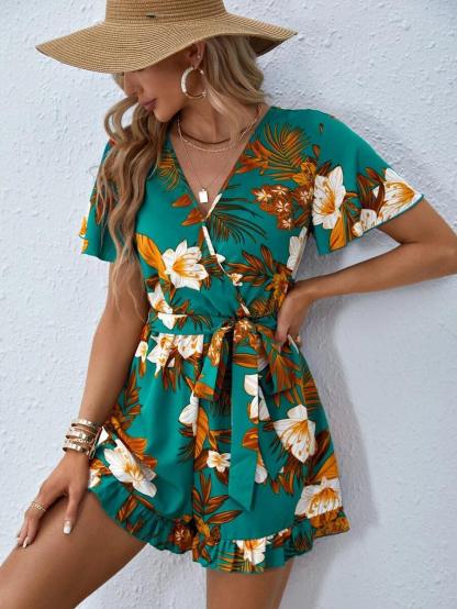 Floral Print Butterfly Sleeve Romper-Comfy Jumpsuits