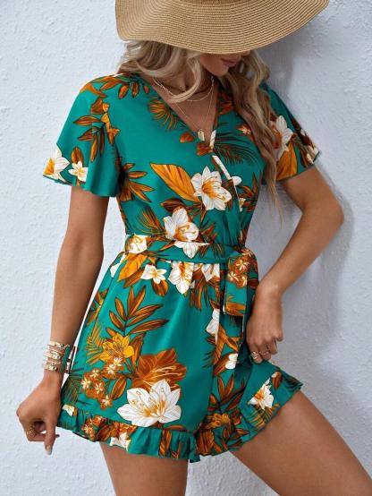Floral Print Butterfly Sleeve Romper-Comfy Jumpsuits
