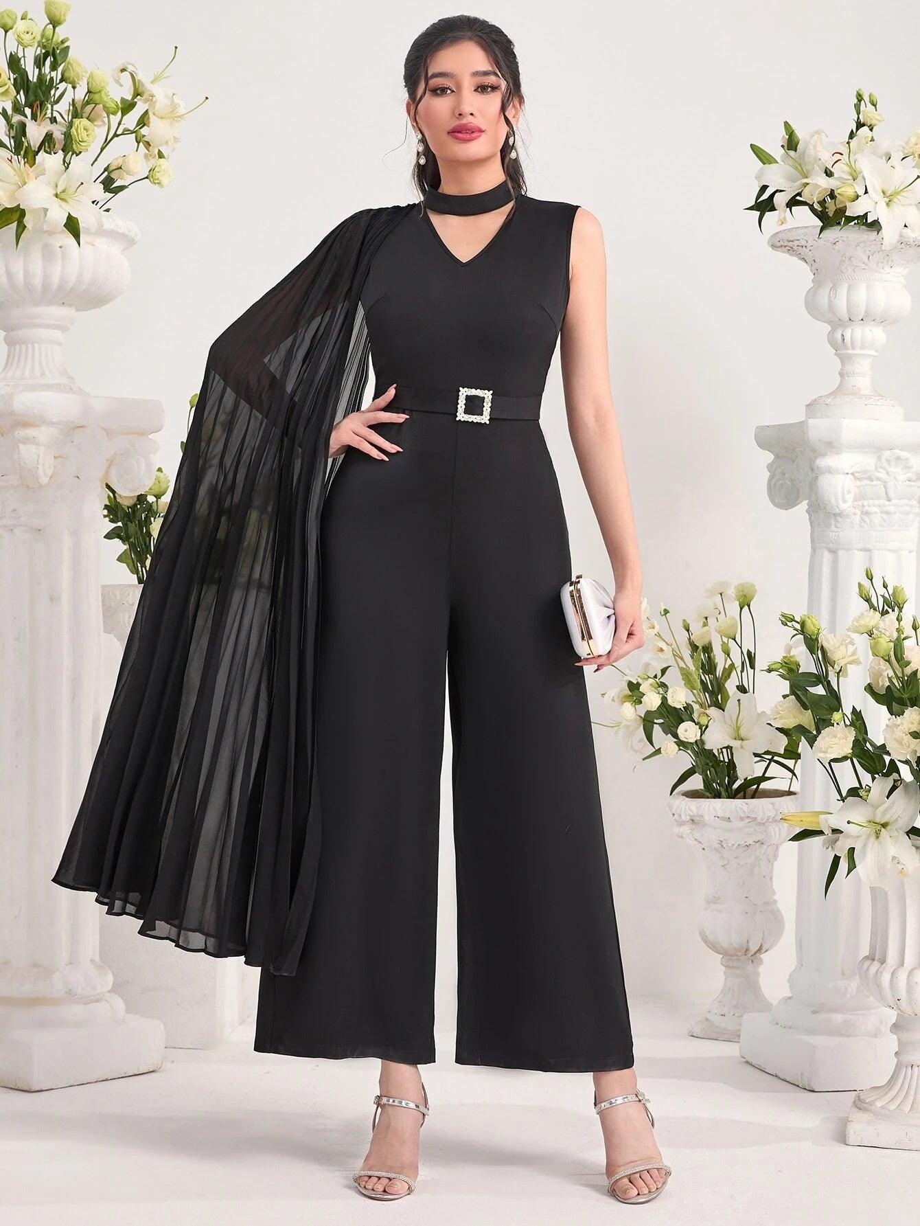 Neck Pleated Detail Jumpsuit Without Belt-Comfy Jumpsuits