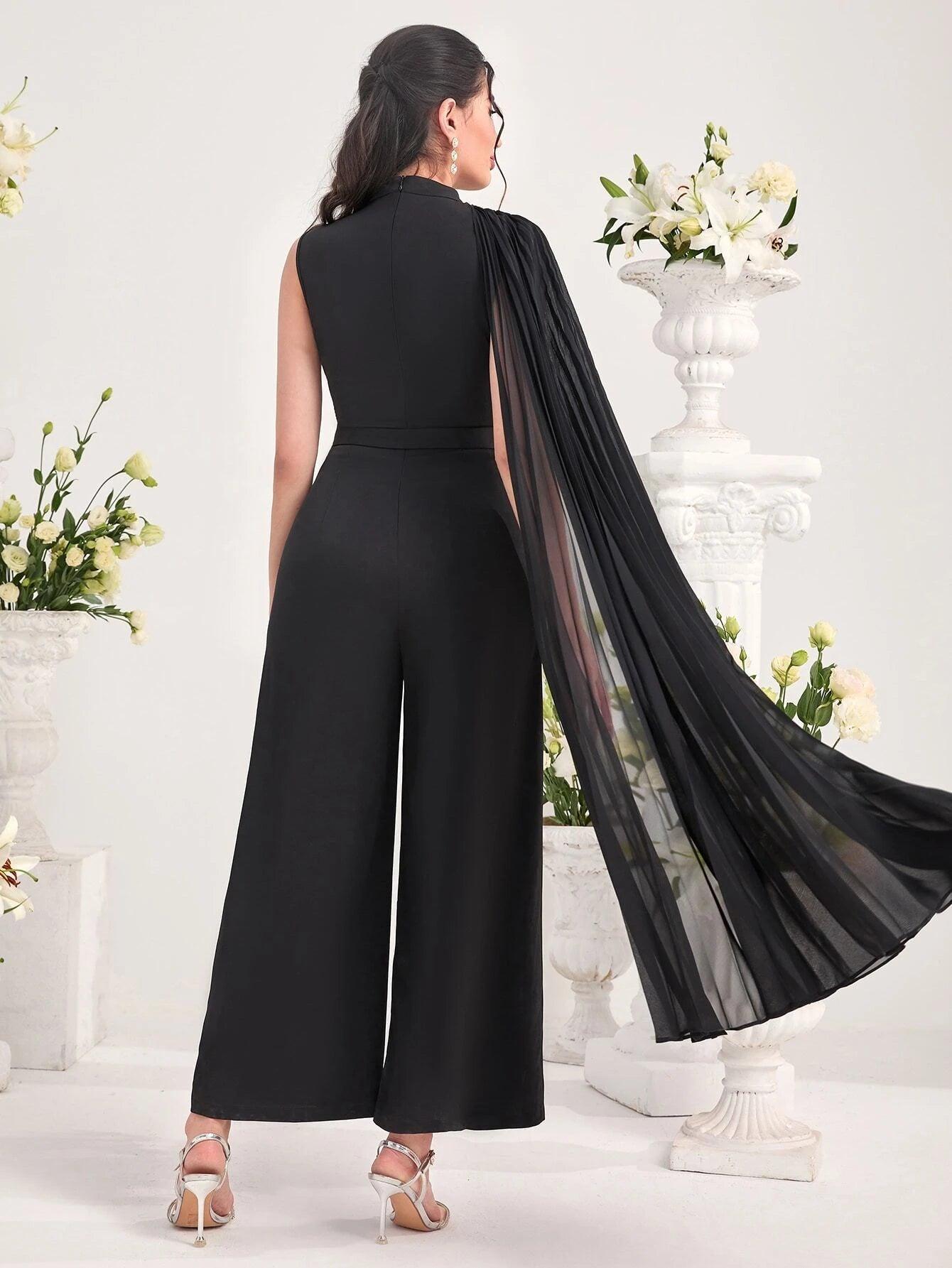 Neck Pleated Detail Jumpsuit Without Belt-Comfy Jumpsuits