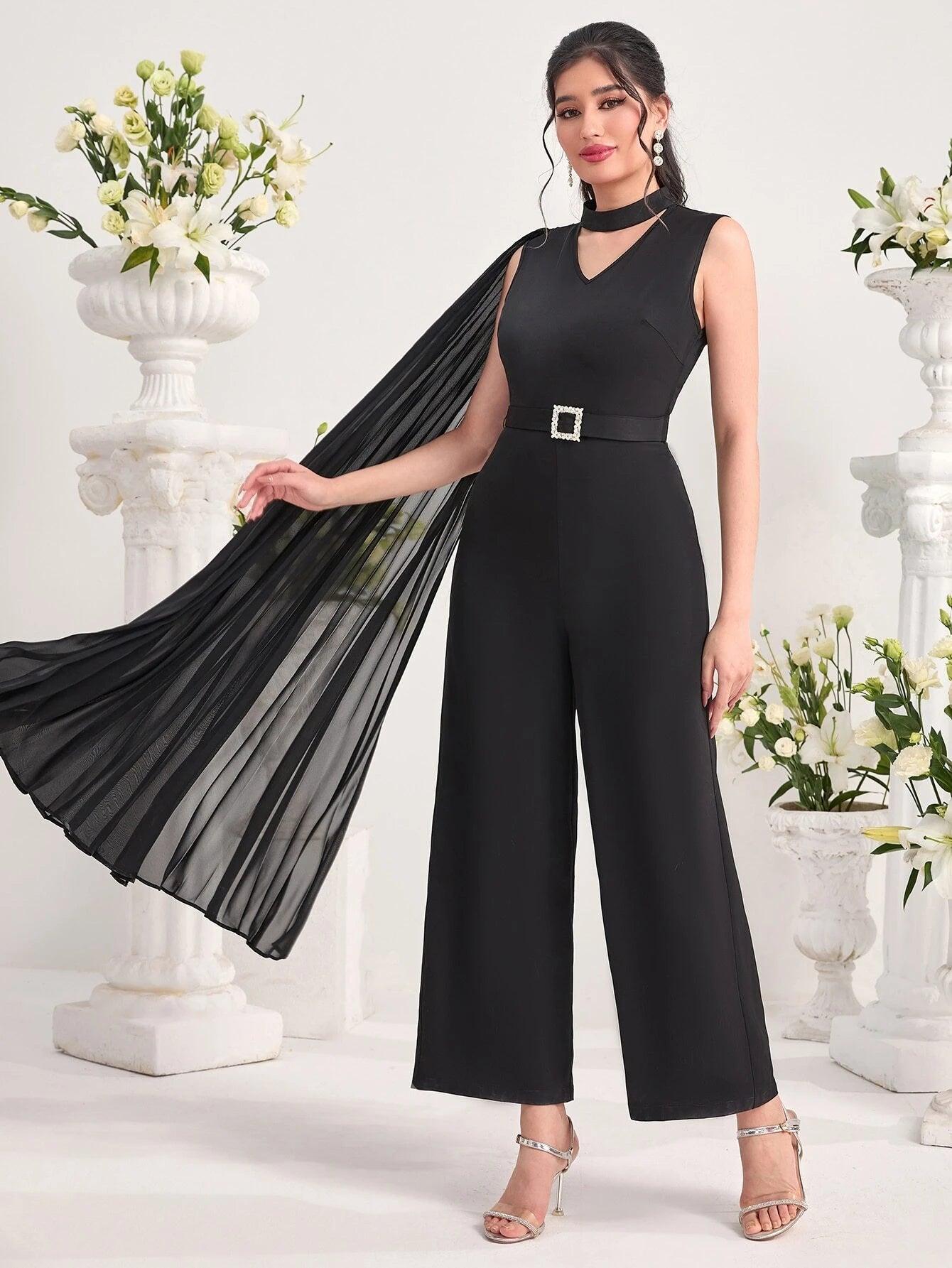 Neck Pleated Detail Jumpsuit Without Belt-Comfy Jumpsuits