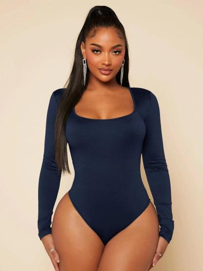 Square Neck Slim Bodysuit-Comfy Jumpsuits