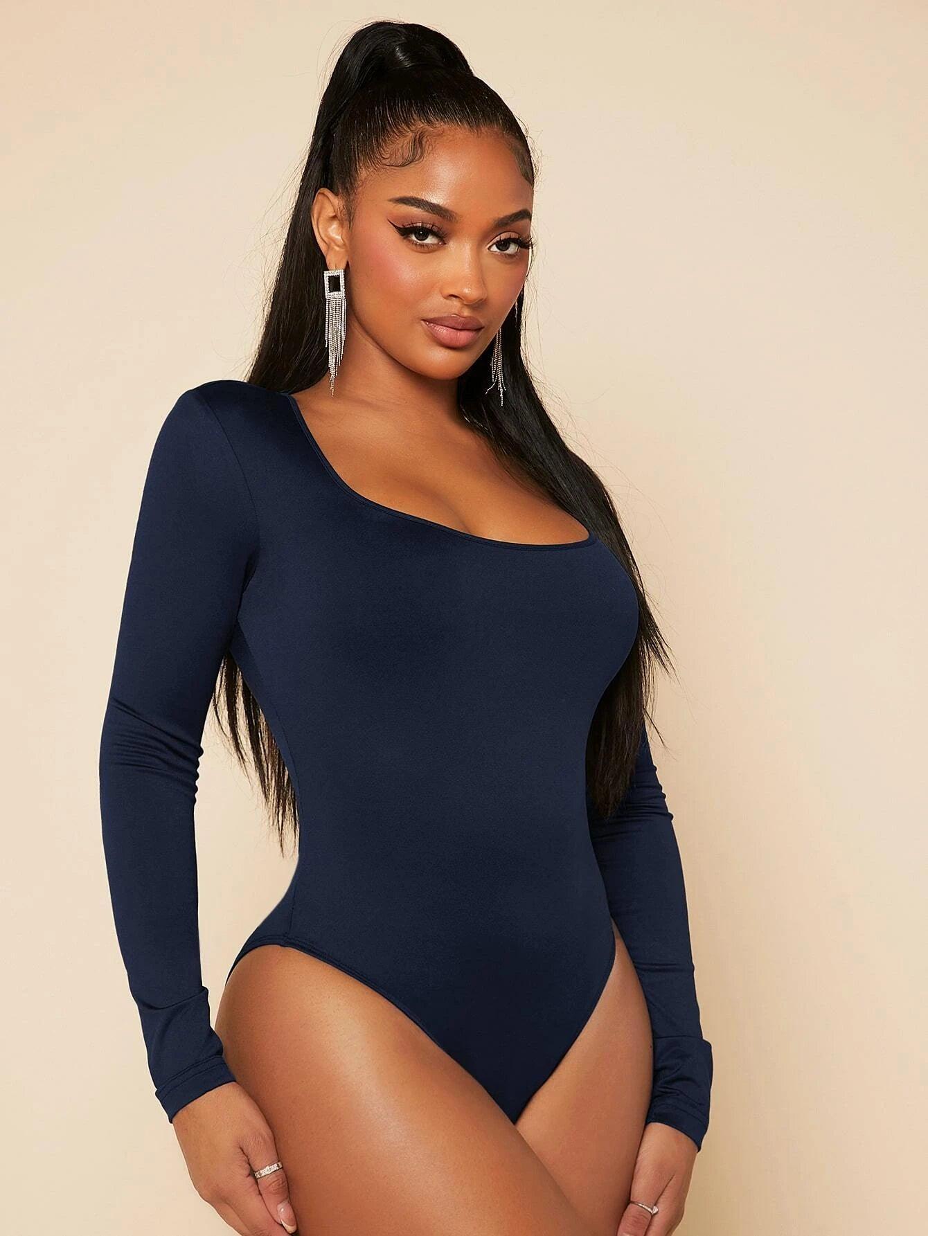 Square Neck Slim Bodysuit-Comfy Jumpsuits