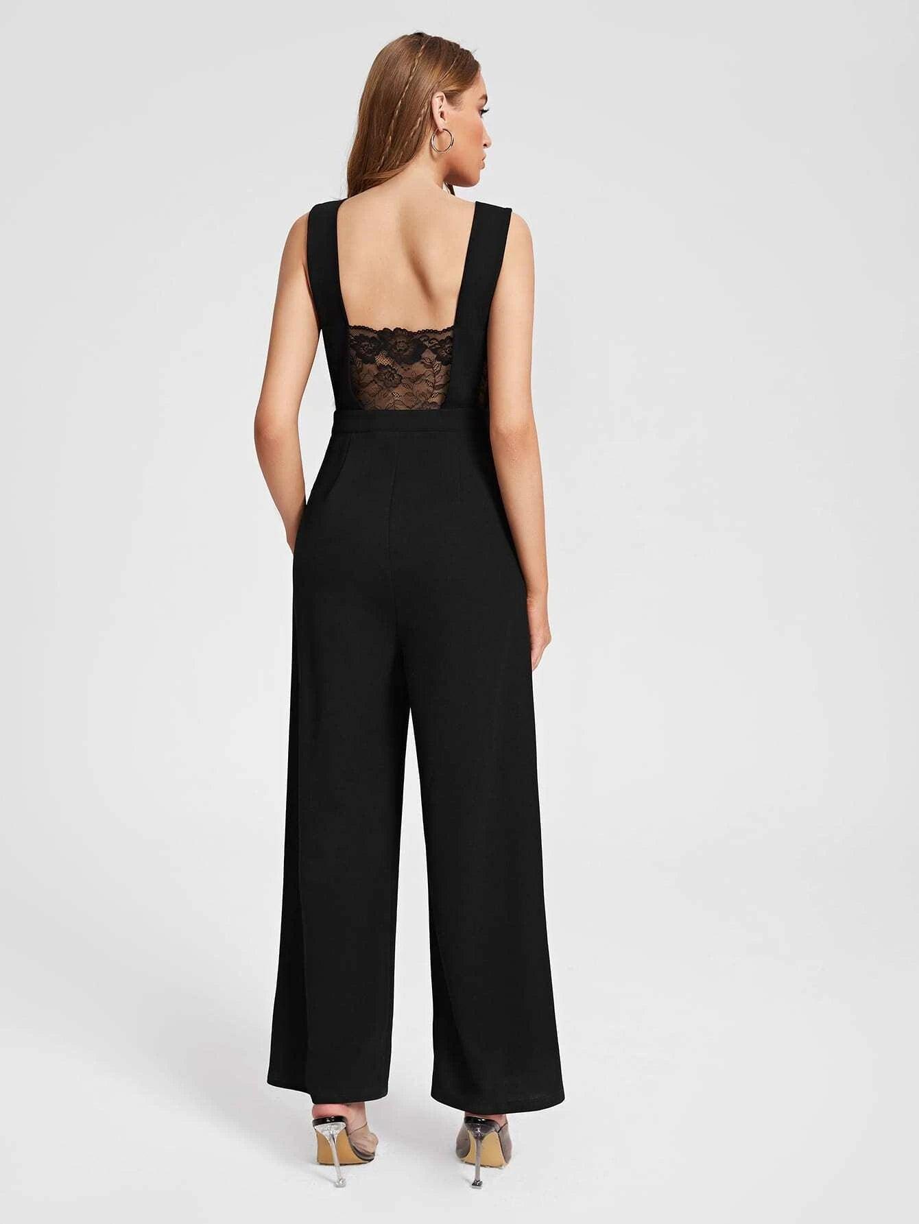 Contrast Laced Backless Jumpsuit-Comfy Jumpsuits