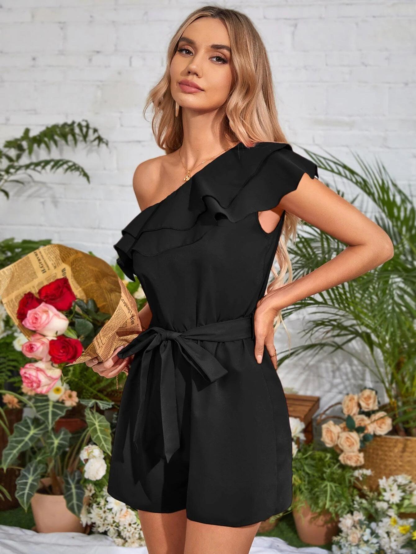 One Shoulder Ruffle Trim Belted Romper-Comfy Jumpsuits