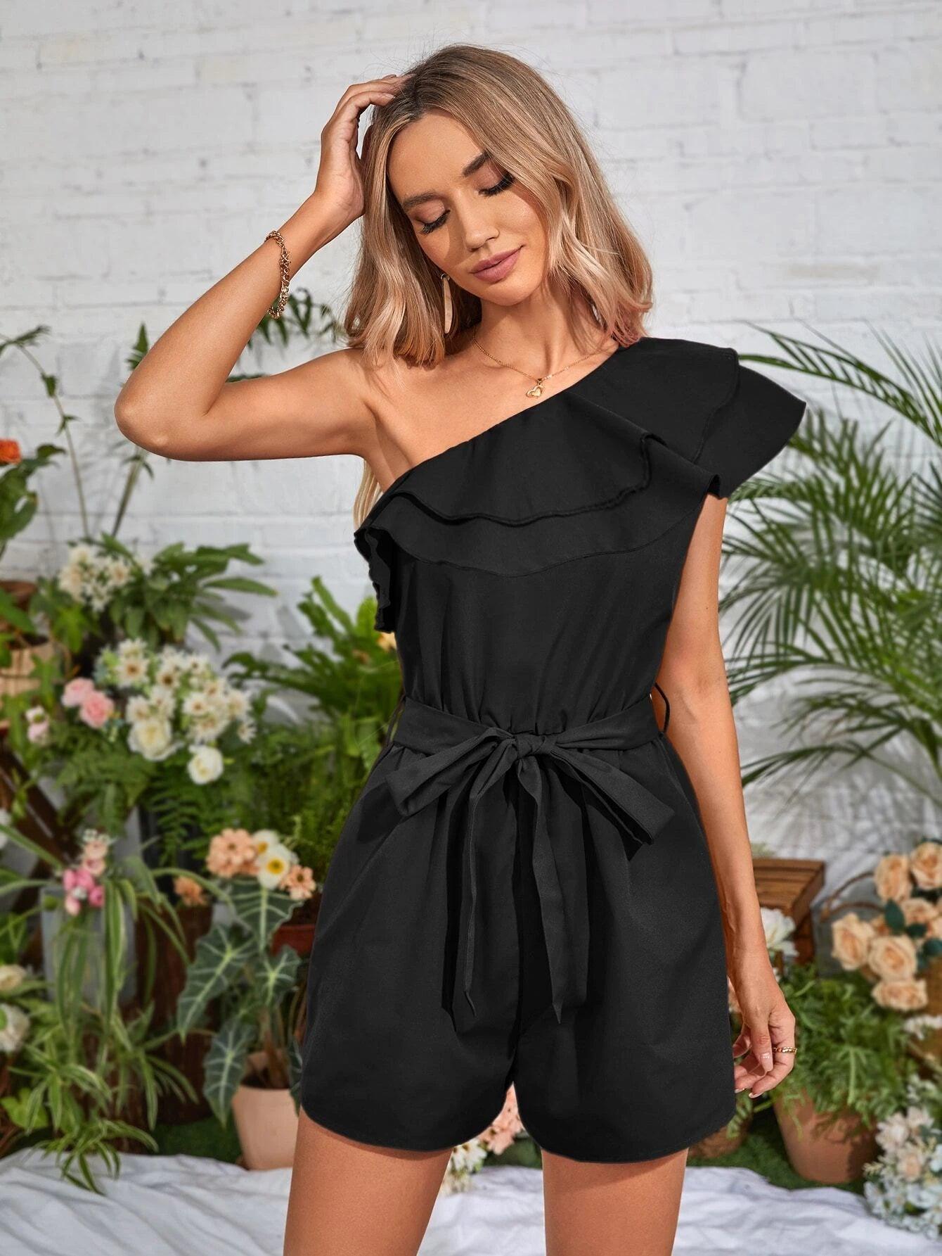 One Shoulder Ruffle Trim Belted Romper-Comfy Jumpsuits
