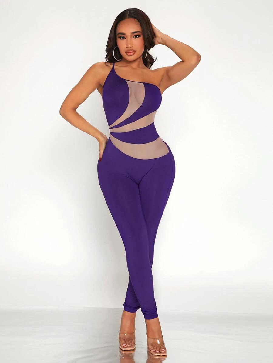 One Shoulder Contrast Panel Jumpsuit-Comfy Jumpsuits