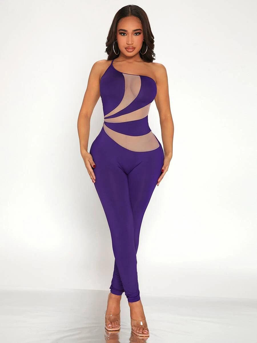 One Shoulder Contrast Panel Jumpsuit-Comfy Jumpsuits