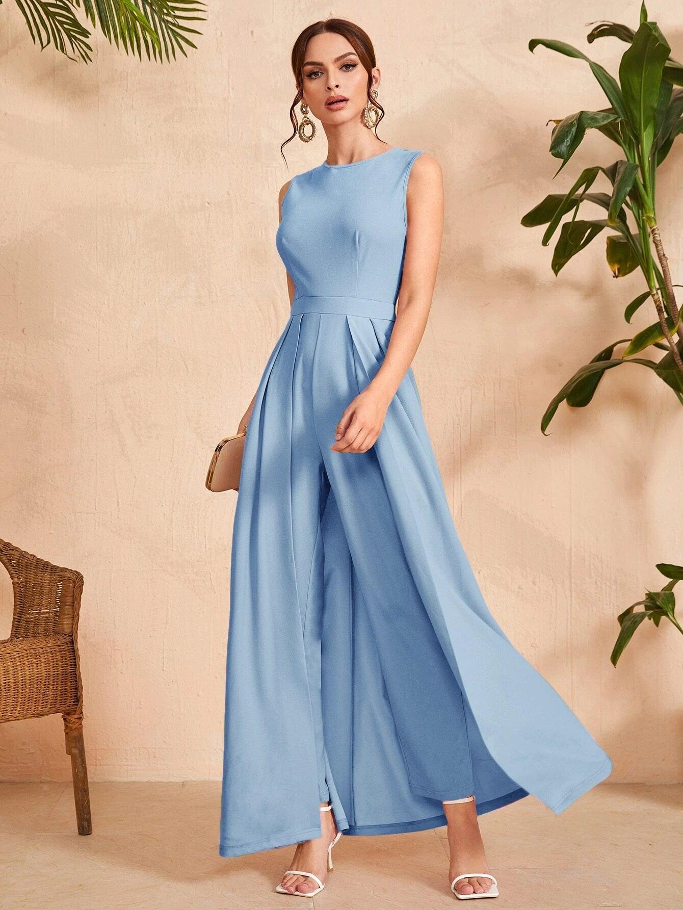 Solid Coloured Zipper Back Jumpsuit-Comfy Jumpsuits