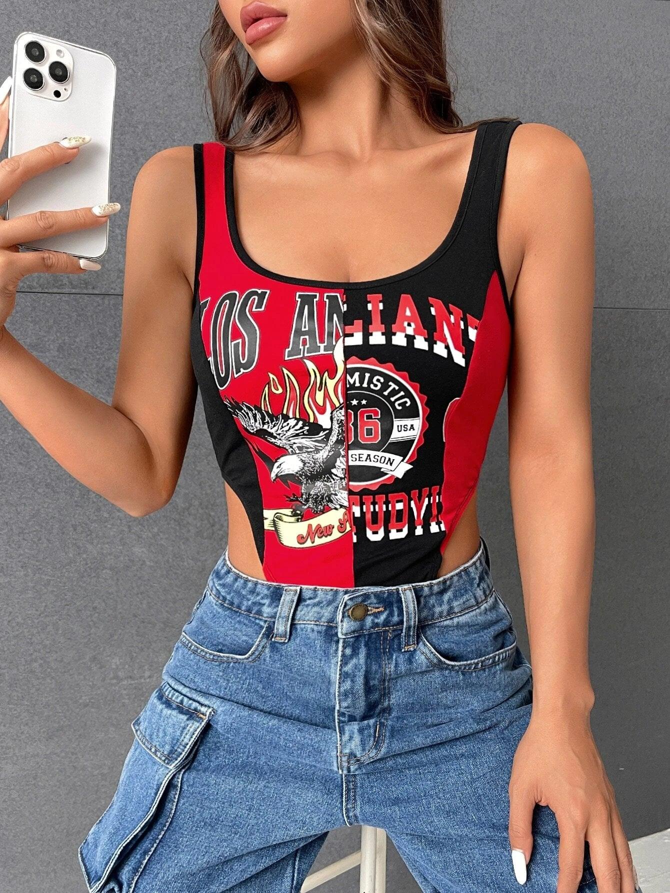 Letter Graphic Contrast Binding Tank Bodysuit-Comfy Jumpsuits