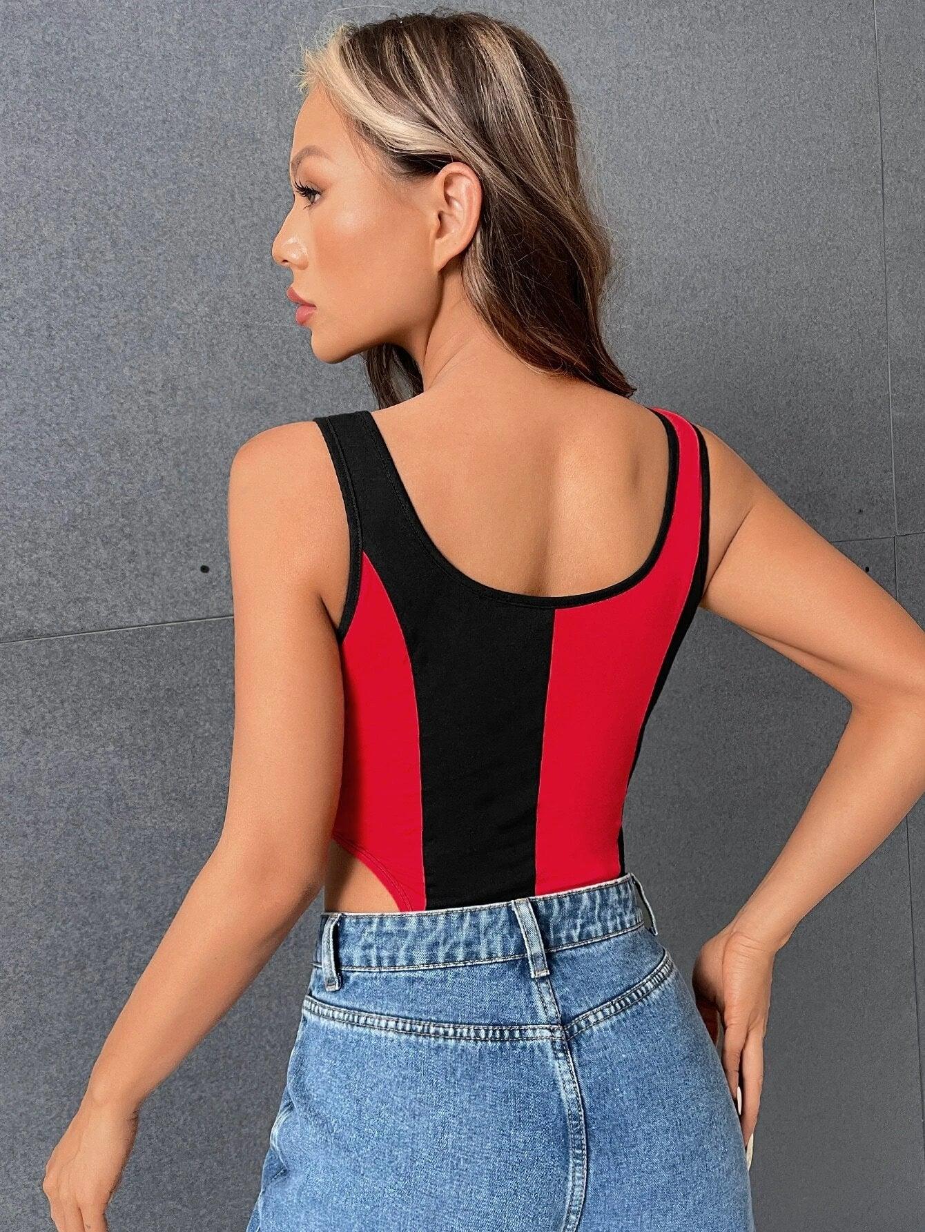 Letter Graphic Contrast Binding Tank Bodysuit-Comfy Jumpsuits
