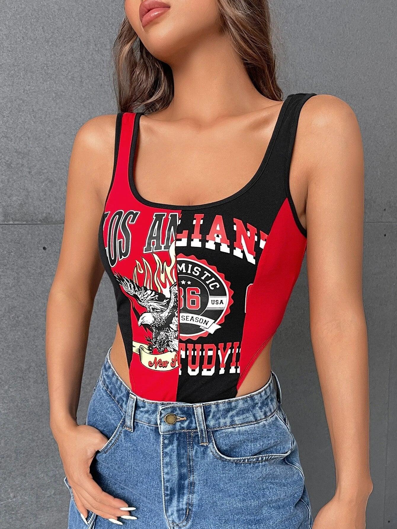 Letter Graphic Contrast Binding Tank Bodysuit-Comfy Jumpsuits